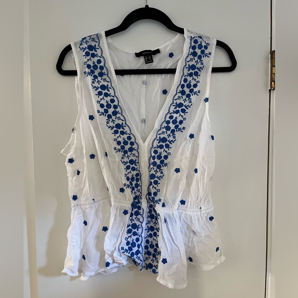 Forever 21 White Sleeveless V-Neck Top with Blue Floral Embroidery